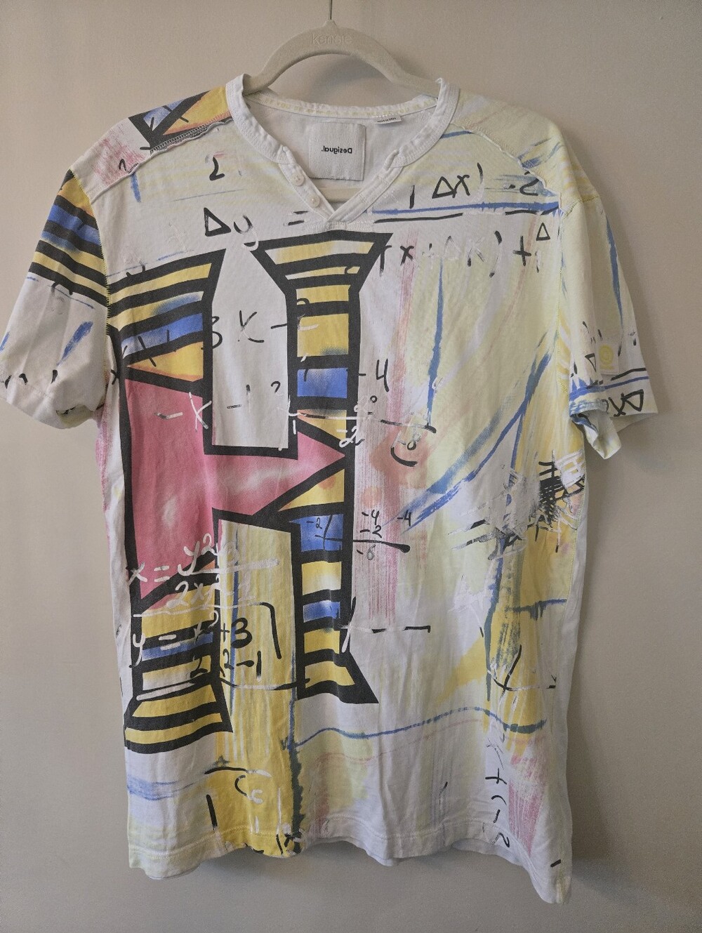 Desigual Abstract Formula Equation Multi-Color Henley Shirt [Large] Cotton Artsy